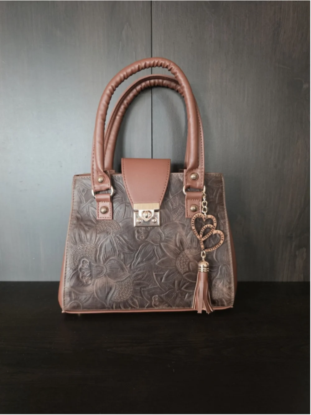Chocolate Brown Tasseled Floral Embossed Tooled Artisan LEATHER Crossbody Purse